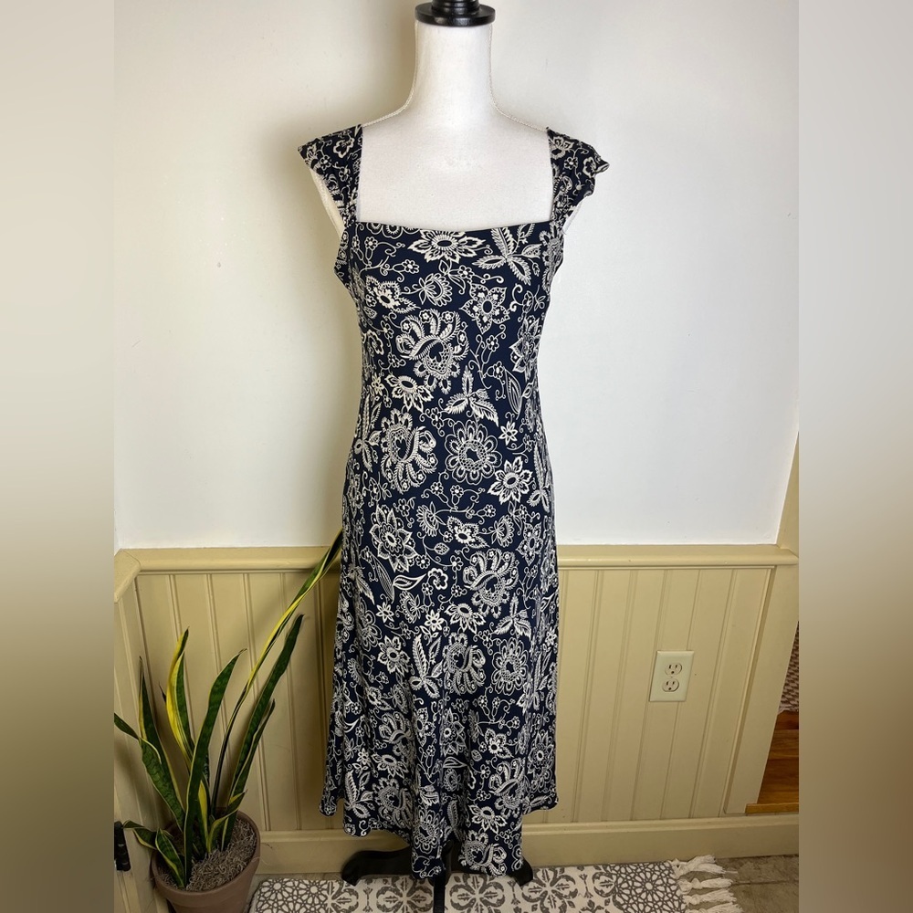 Vintage Lauren Ralph Lauren 4 Silk Navy Floral Midi Dress Quiet Luxury Old Money